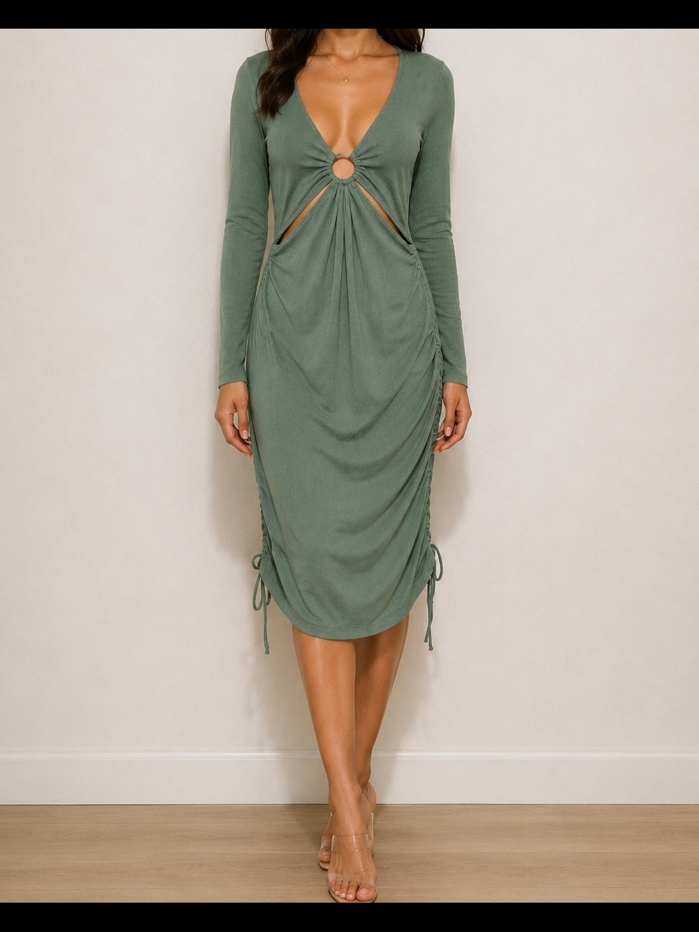 Rue21 Women's Sage Green Midi Dress with Ring Detail Size M